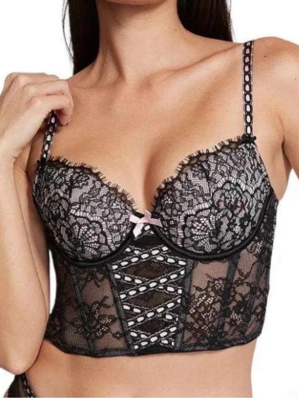 Victoria's Secret Black Lace Bustier Bra with Pink Accent NWT